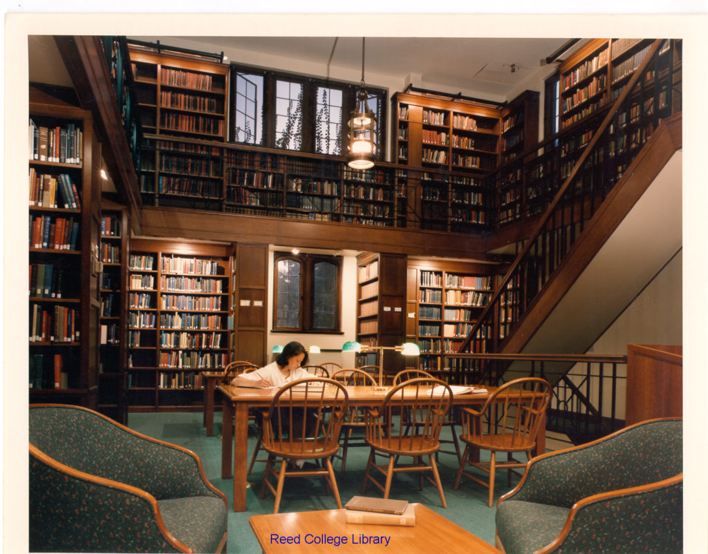 library interior with wooden shelves.